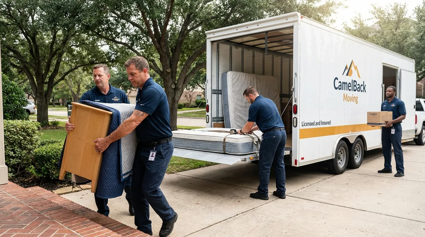 Crew loading residential truck for cross-state move from Bloomington, TX