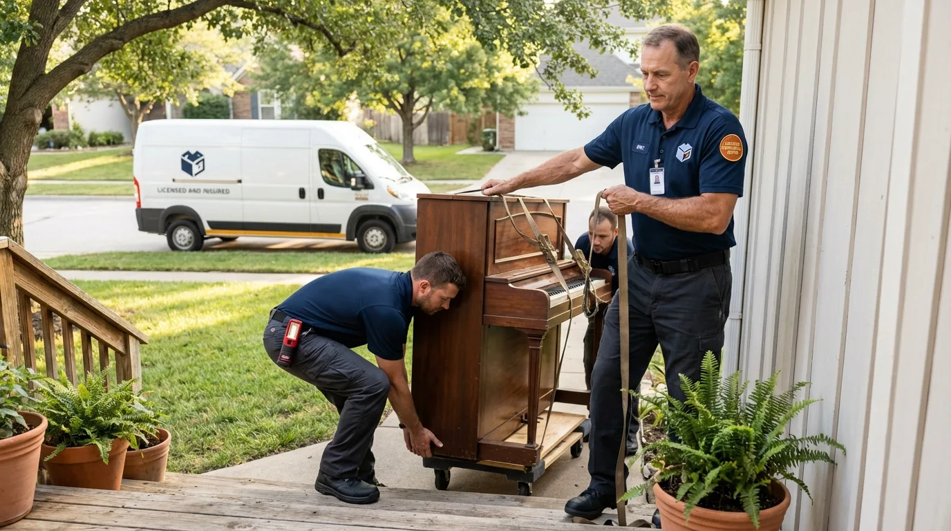 Licensed piano movers securing grand piano in Bloomington, TX