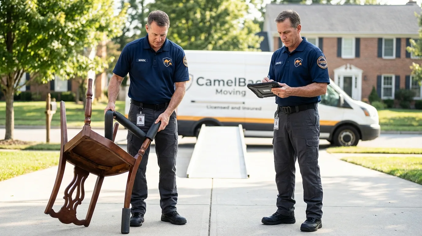 Movers inspecting furniture for damage prevention before loading in Bloomington, TX