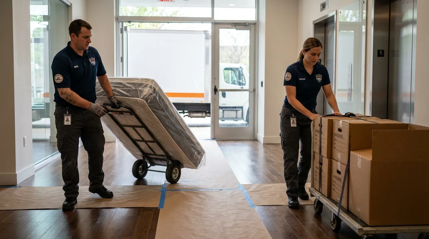Professional apartment movers loading elevator in Bloomington, TX
